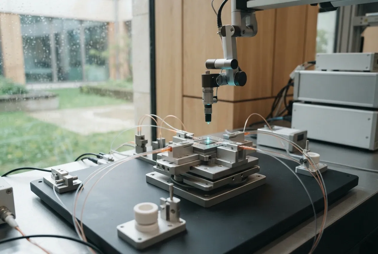 Fotografi editorial laboratorium kalibrasi chip fotonik dengan modul semikonduktor perak, serat optik transparan, dan lengan robot presisi di atas meja pengujian, berlatar jendela berkabut hujan.