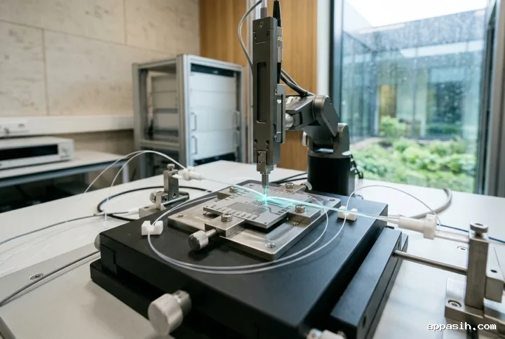 Fotografi editorial close-up tiga perempat dari chip fotonik perak pada meja kalibrasi laboratorium, dengan serat optik transparan, kepala inspeksi robot presisi, pantulan cahaya cyan lembut, dan jendela berhias tetesan hujan.