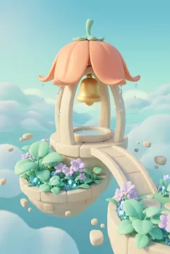 Taman fantasi 3D cartoon di atas awan dengan menara lonceng berbentuk bunga berkelopak persik, jembatan batu melengkung, tanaman pastel, dan kolam hujan bercahaya.