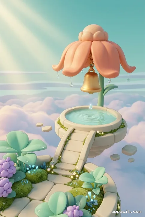 Tampilan dekat 3D cartoon taman lonceng awan dari sudut rendah, memperlihatkan lima kelopak persik pada menara bunga, lonceng emas, jembatan batu, tanaman pastel, dan tetesan hujan menuju kolam bercahaya.