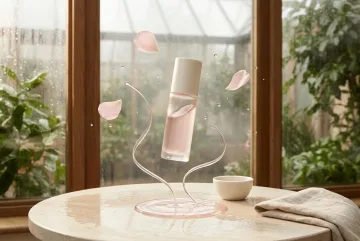 Surreal botanical skincare atelier with a transparent rose-tinted serum bottle floating above a pale limestone table, surrounded by suspended flower petals and curved liquid ribbons inside a rainlit conservatory.
