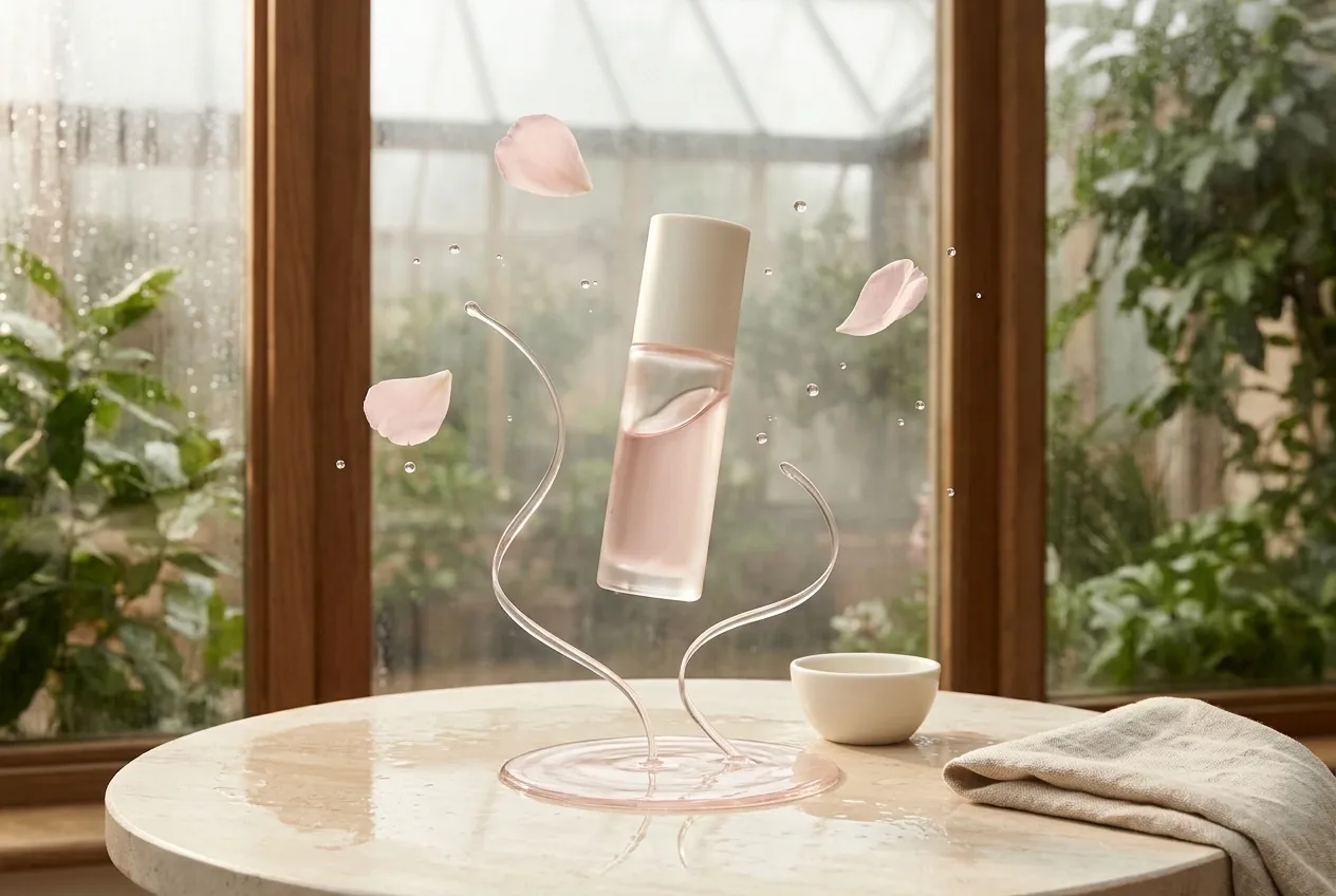 Surreal botanical skincare atelier with a transparent rose-tinted serum bottle floating above a pale limestone table, surrounded by suspended flower petals and curved liquid ribbons inside a rainlit conservatory.