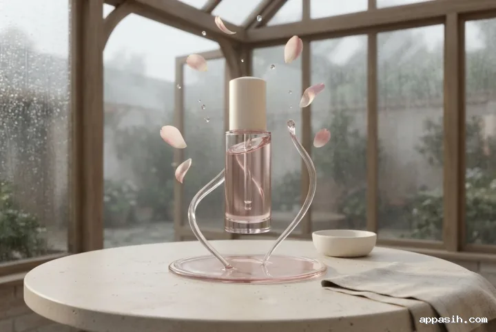 Close low-angle surreal view of a floating transparent botanical serum bottle with an ivory cap, surrounded by translucent liquid ribbons and blush flower petals above a limestone table in a softly illuminated rainy conservatory.