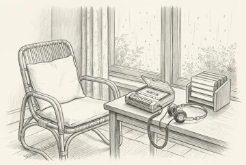 Gambar sketsa pensil sudut dengar kaset retro 1980-an dengan pemutar kaset portabel, headphone berbusa, rak kaset polos, kursi rotan, dan jendela berhujan.