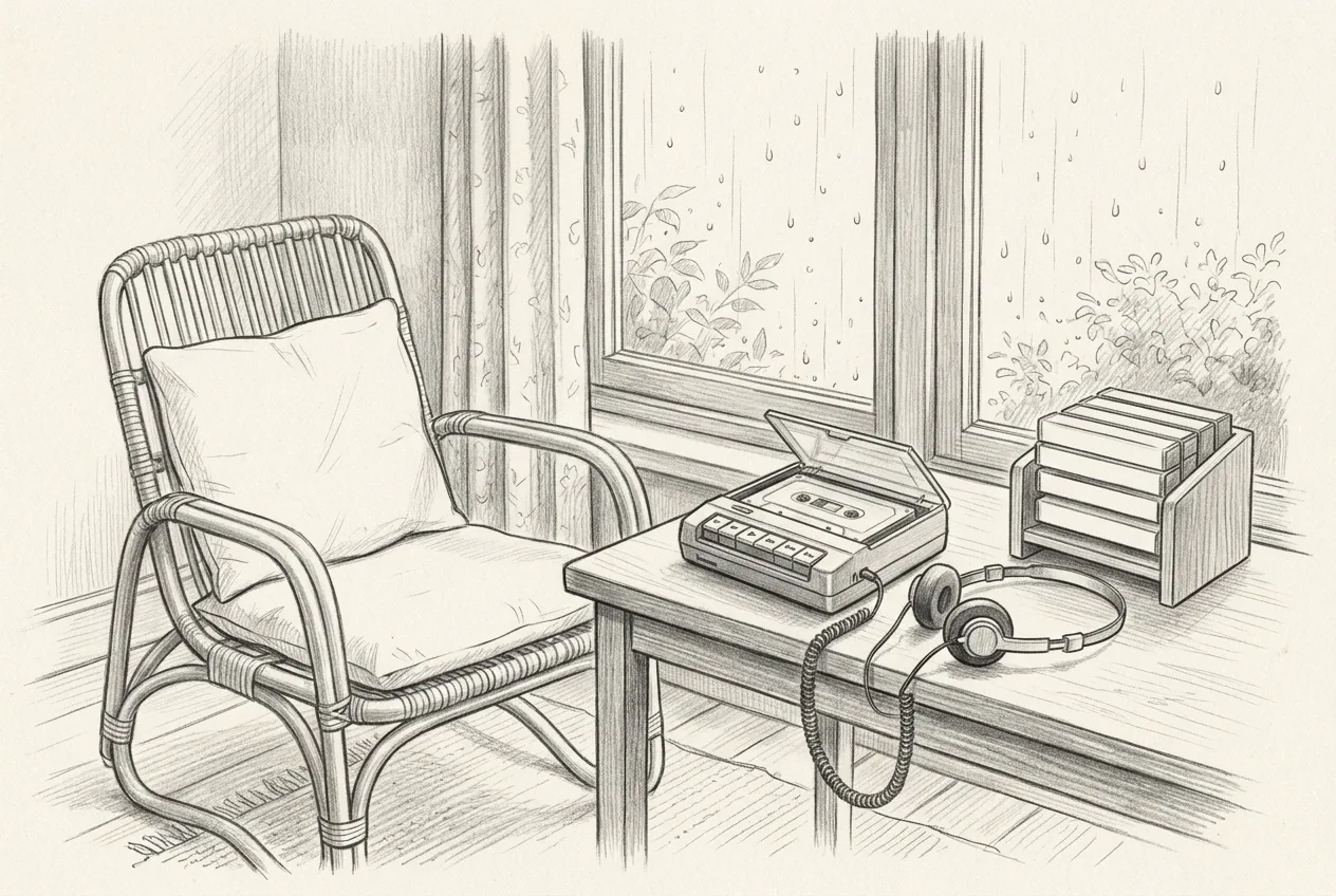Gambar sketsa pensil sudut dengar kaset retro 1980-an dengan pemutar kaset portabel, headphone berbusa, rak kaset polos, kursi rotan, dan jendela berhujan.