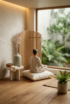 Diorama 3D Tilt-shift Miniature sudut aromaterapi dengan figur anonim duduk bersila di bantalan linen, diffuser keramik beruap lembut, tanaman pakis, dan jendela berhujan.