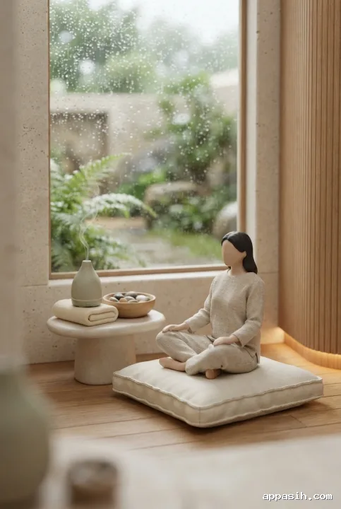 Tampilan dekat tiga perempat diorama aromaterapi 3D Tilt-shift Miniature dengan figur bersila di bantalan linen, diffuser keramik hijau sage, meja batu kapur, dan jendela berhujan.