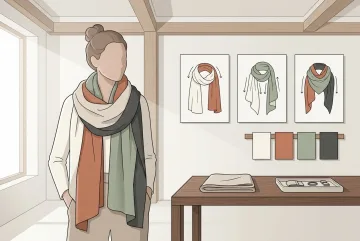 Ilustrasi infografis horizontal seorang model anonim mengenakan syal modular terracotta dan sage di studio fashion, didampingi diagram lipatan kain, swatch warna, dan meja aksesori.