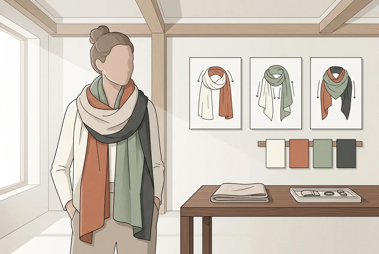 Ilustrasi infografis horizontal seorang model anonim mengenakan syal modular terracotta dan sage di studio fashion, didampingi diagram lipatan kain, swatch warna, dan meja aksesori.