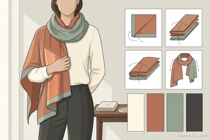 Ilustrasi infografis fashion dengan sudut tiga perempat lebih dekat pada model anonim yang merapikan syal modular terracotta dan sage, disertai diagram struktur lipatan, empat swatch warna, dan meja aksesori dalam atelier minimalis.