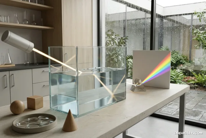 Render 3D fotorealistis dari sudut tiga perempat dekat memperlihatkan tangki air dengan berkas cahaya yang membias, prisma kaca pengurai spektrum warna, balok kayu pembelajaran, dan lensa optik di laboratorium berjendela hujan.