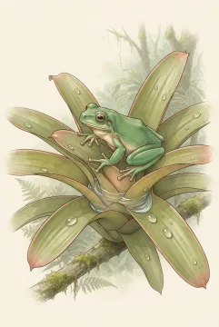 Ilustrasi ilmiah grafis seekor katak pohon hijau bermata keemasan bertengger pada daun bromelia penampung air hujan, dengan bantalan jari terlihat jelas, tetesan air, dan latar habitat hutan tropis bernuansa hijau lembut.