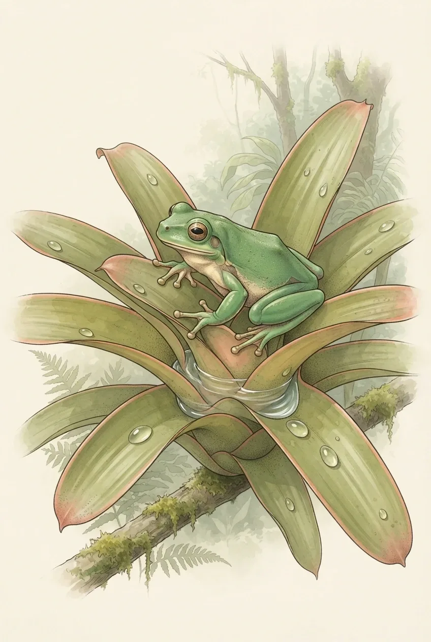 Ilustrasi ilmiah grafis seekor katak pohon hijau bermata keemasan bertengger pada daun bromelia penampung air hujan, dengan bantalan jari terlihat jelas, tetesan air, dan latar habitat hutan tropis bernuansa hijau lembut.