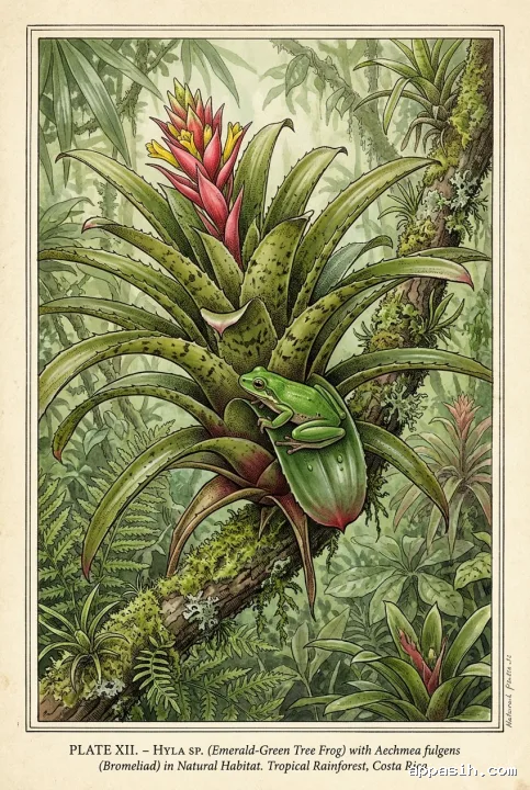 Ilustrasi ilmiah grafis dari sudut tiga perempat dekat memperlihatkan seekor katak pohon hijau bertengger pada daun bromelia di hutan hujan, dengan mata keemasan, detail bantalan perekat jari, butiran air, dan tekstur daun yang digambar menggunakan garis tinta halus serta pewarnaan transparan.