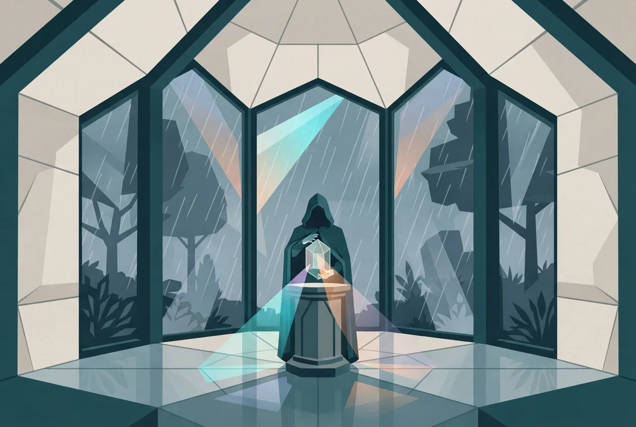 Ilustrasi Graphic Geometric karakter penjaga prisma berjubah hijau kebiruan memegang prisma kaca heksagonal di atas pedestal batu dalam observatorium geometris saat hujan.