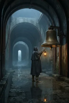 Concept Art sinematik seorang penjaga sinyal berjubah gelap mengangkat lentera amber di samping lonceng kuningan besar dalam lorong bawah tanah berkubah yang tergenang air.