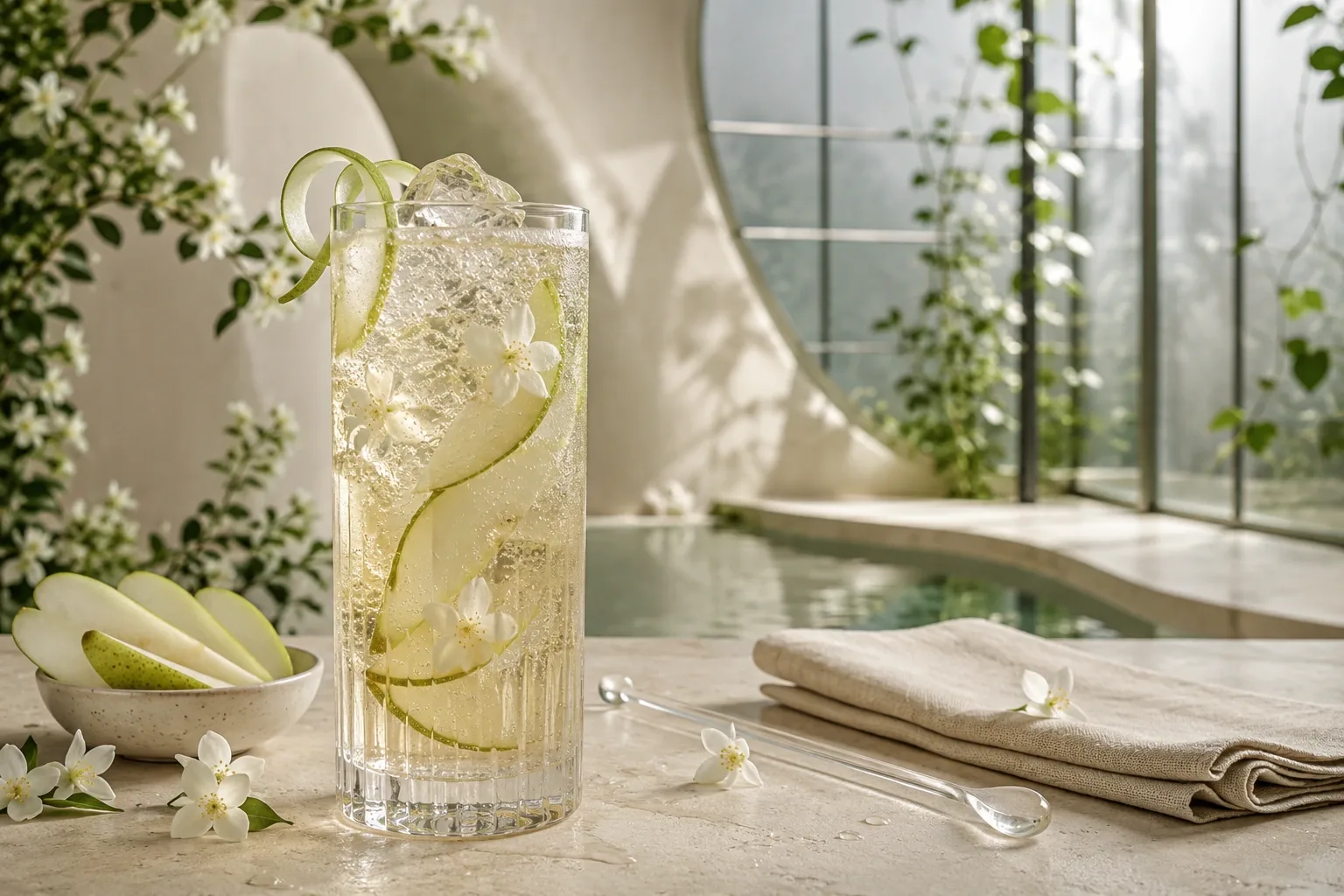 Sparkling pear and jasmine soda with clear ice, pear slices, and flowers on a pale limestone counter inside a serene botanical glasshouse atelier.
