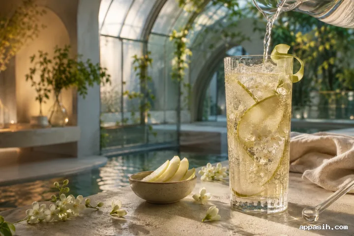 Cinematic sparkling pear and jasmine soda being gently poured into a fluted glass inside an elegant botanical glasshouse atelier at early evening.