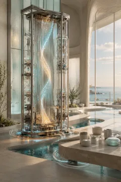 A tall tidal data loom with translucent membranes and luminous threads inside a serene coastal research atrium.