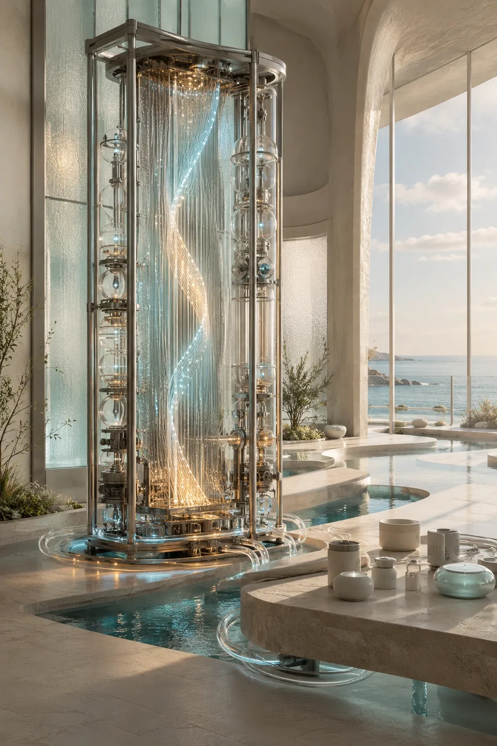 A tall tidal data loom with translucent membranes and luminous threads inside a serene coastal research atrium.
