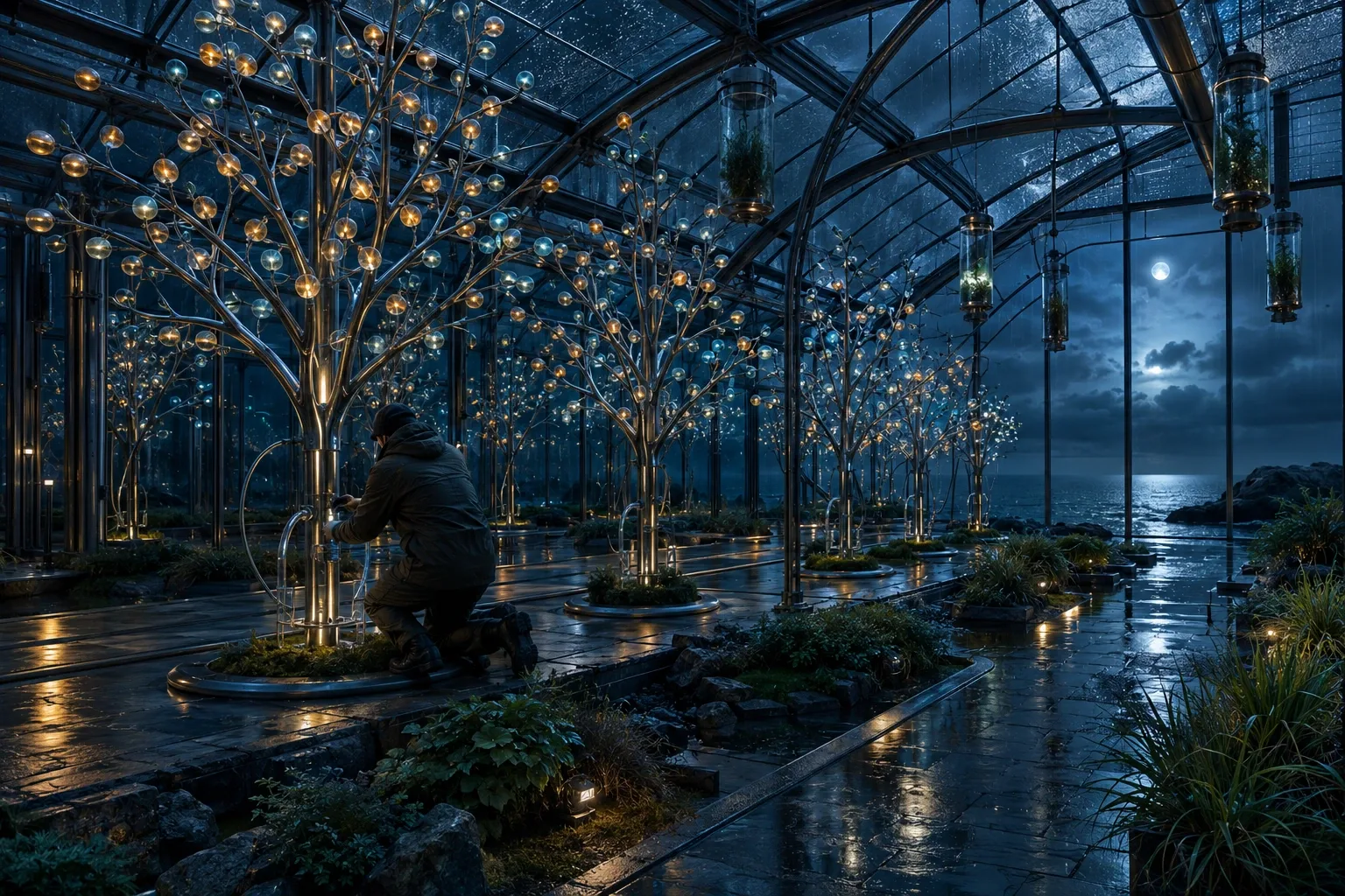 Anonymous worker maintaining glowing signal trees inside a rain-covered coastal greenhouse at blue hour.
