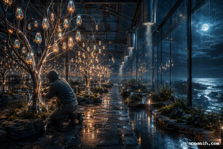 Elevated cinematic view of an anonymous worker activating luminous signal trees in a moonlit coastal greenhouse during gentle rain.
