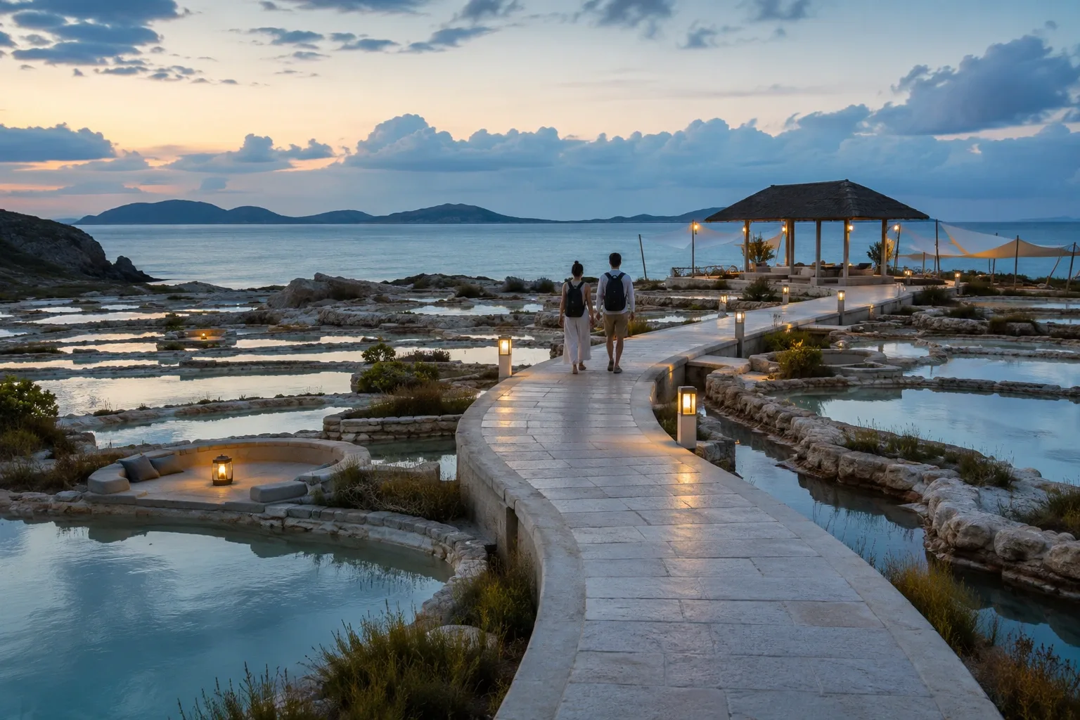 Elevated limestone walkway crossing reflective coastal salt gardens toward a quiet sea pavilion at blue hour.