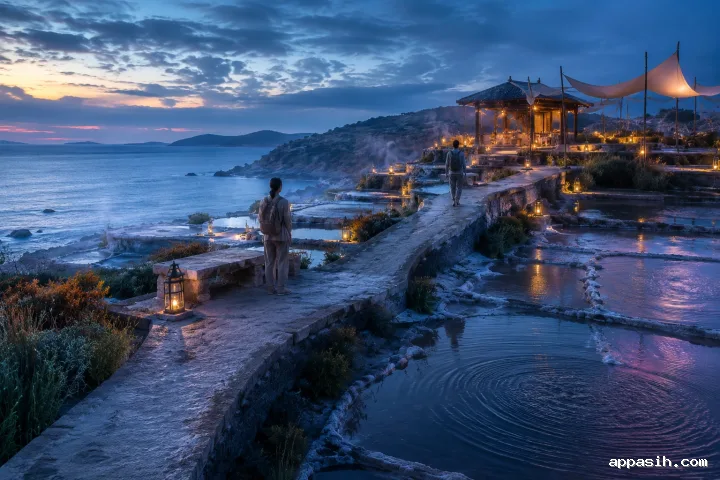 Cinematic elevated view of two travelers crossing reflective coastal salt gardens toward a warmly lit sea pavilion at blue hour.