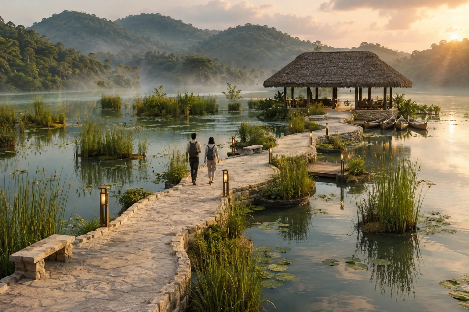 Elevated limestone walkway crossing floating reed islands toward a secluded pavilion on a calm lagoon in warm late-afternoon light.