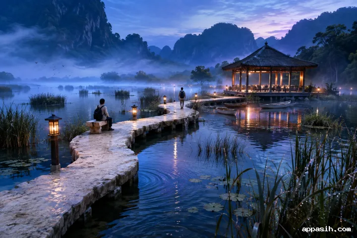 Cinematic blue-hour view of two travelers crossing a lantern-lit limestone walkway through floating reed islands toward a secluded lagoon pavilion.