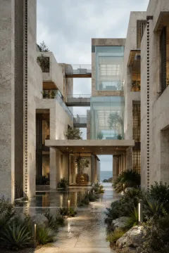 Portrait view of a tall coastal archive surrounding a rain-fed courtyard with pale limestone volumes, glass reading rooms, bridges, greenery, and a reflective pool.