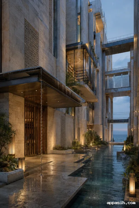Cinematic portrait view of the coastal courtyard archive during light blue-hour rain, with illuminated glass reading rooms, wet limestone, rain chains, bridges, and cyan reflections.