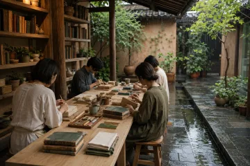 Four anonymous adults repair worn books around a wooden table in a sheltered garden courtyard during gentle afternoon rain.