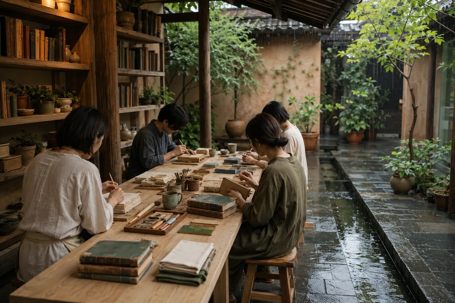 Four anonymous adults repair worn books around a wooden table in a sheltered garden courtyard during gentle afternoon rain.