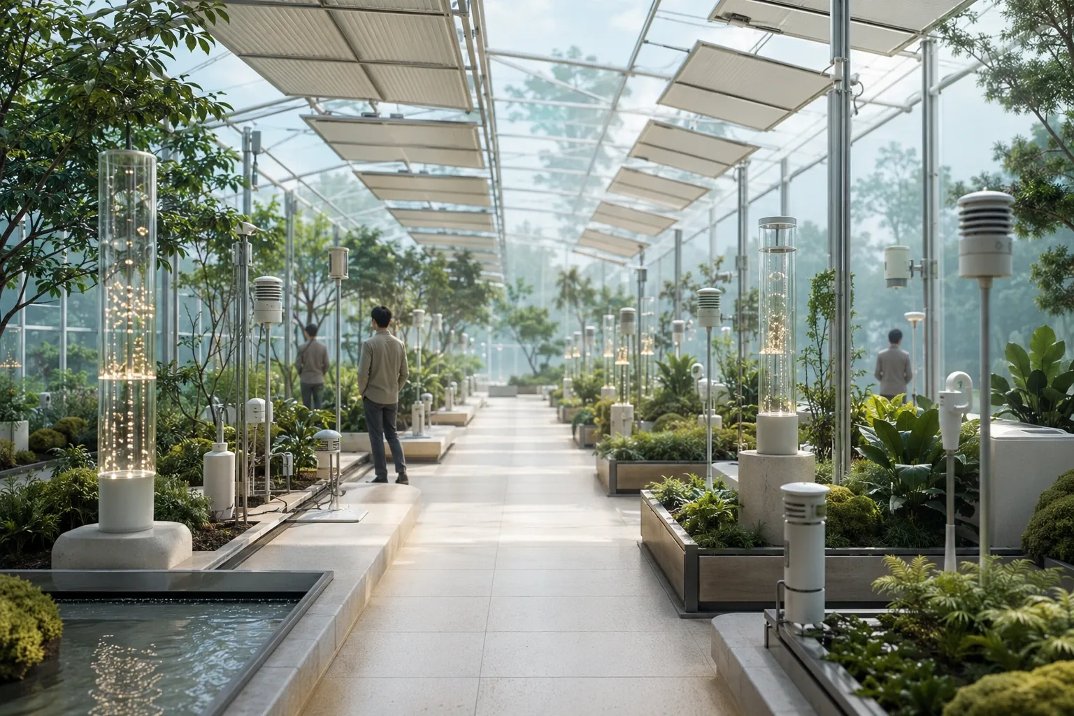 Futuristic microclimate conservatory with planted zones, sensor poles, transparent glowing data columns, responsive ceiling panels, and anonymous technicians.