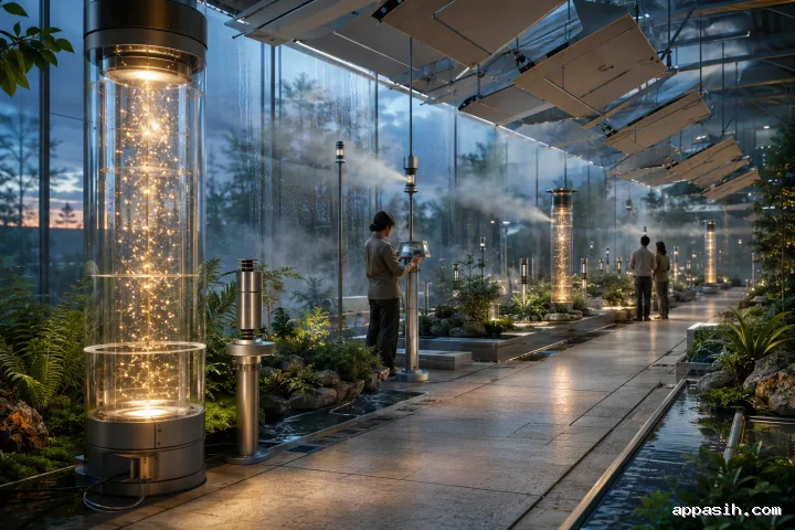 Cinematic adaptive microclimate conservatory with glowing transparent data columns, responsive ceiling panels, planted zones, drifting mist, and technicians monitoring environmental sensors.