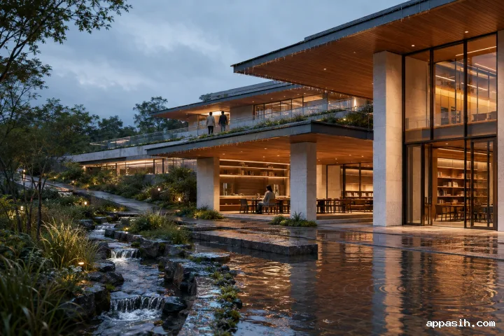 Early-evening view of a terraced learning pavilion after rain, with glowing study rooms, cascading gardens, flowing stone channels, and a reflective entrance basin.