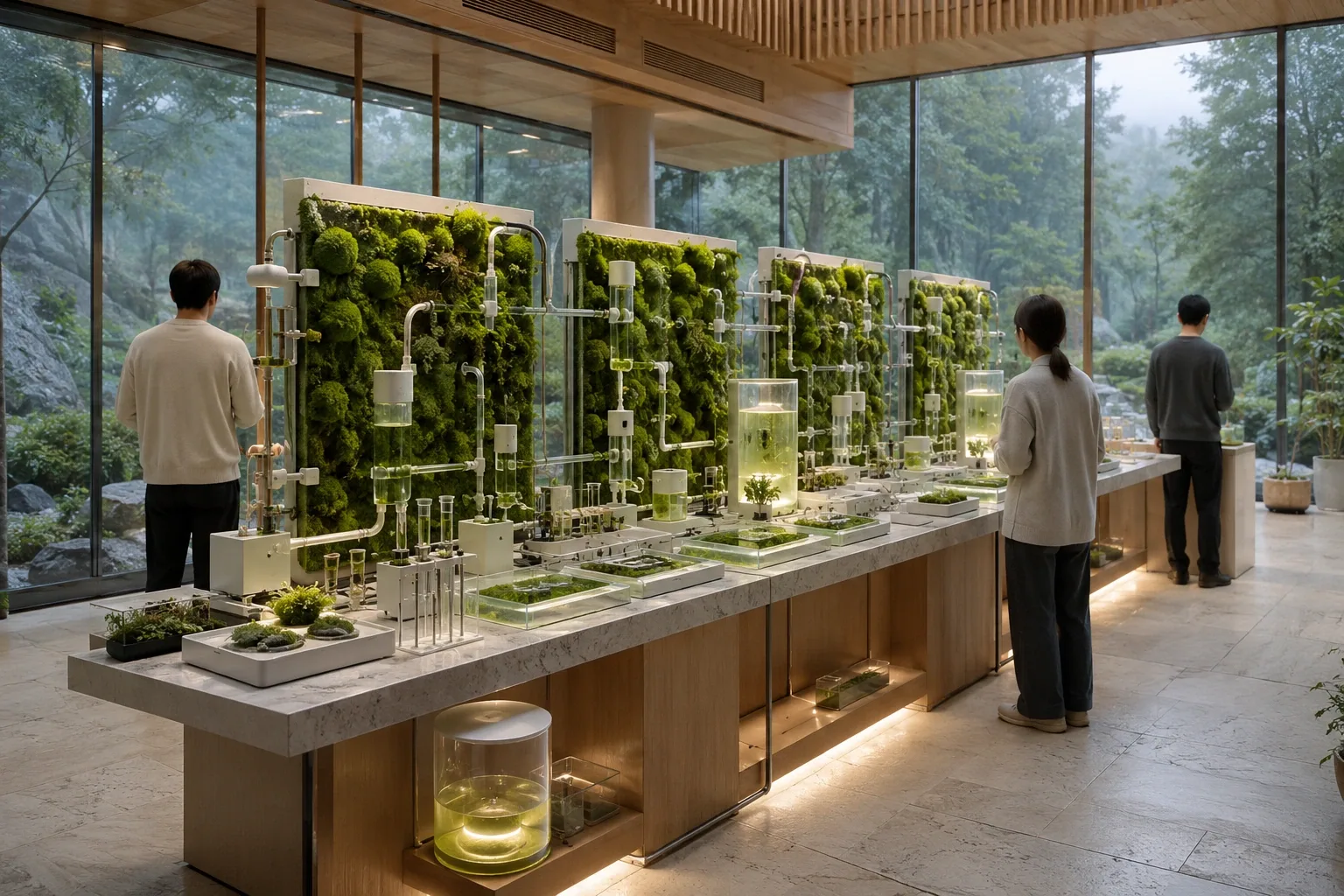 Landscape view of an autonomous biocomputing observatory with living moss panels, transparent fluidic circuits, environmental sensors, and anonymous technicians inside a glass conservatory.