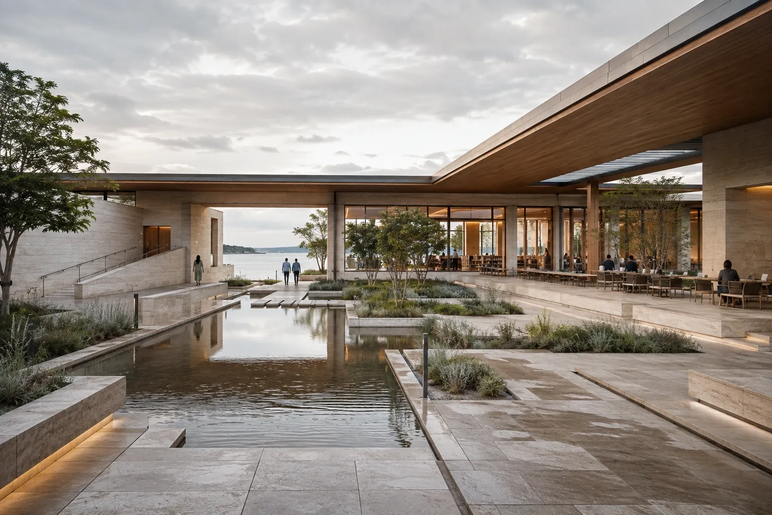 Contemporary coastal knowledge pavilion surrounding a reflective tidal courtyard with timber roofs, glass reading rooms, planted terraces, and calm public spaces.