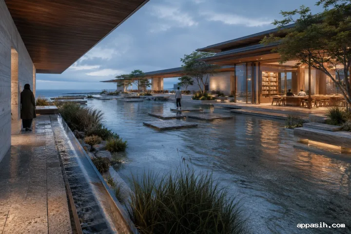 Cinematic three-quarter view of a coastal knowledge pavilion after light rain, with reflective courtyard water, timber overhangs, illuminated glass reading rooms, planted channels, and anonymous visitors.