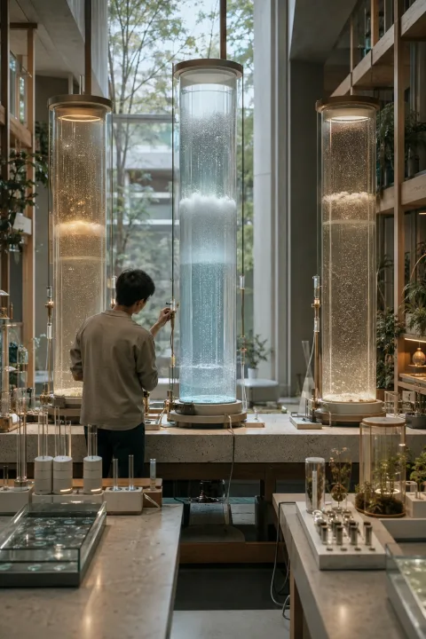 Portrait view of a technician adjusting transparent environmental memory columns filled with glowing particles inside a calm sustainable technology workshop.