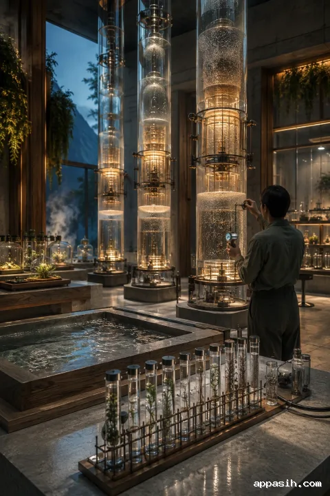 Cinematic portrait view of an environmental technician adjusting a transparent atmospheric memory column surrounded by sampling tubes, glowing particles, fluid bands, and botanical calibration samples.
