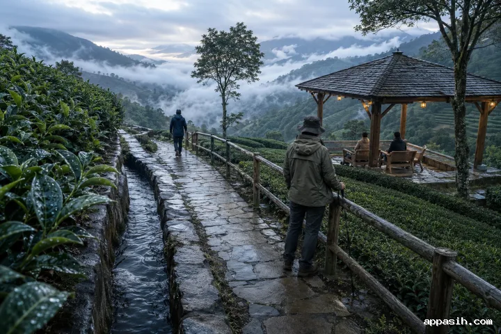 Cinematic elevated view of a rain-damp mountain tea trail crossing misty green terraces toward warm timber shelters above a cloud-filled valley.