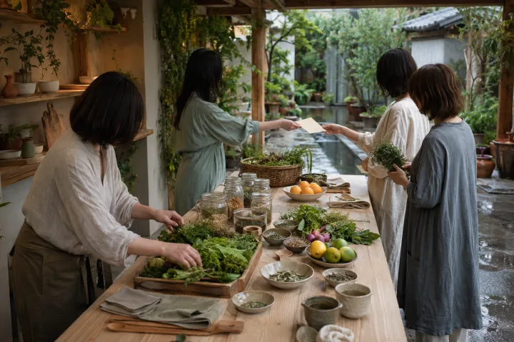 Four anonymous adults exchange fresh ingredients and unmarked recipe cards around a wooden table in a rain-damp garden courtyard.