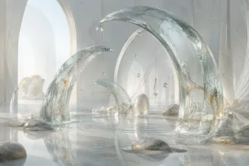 Translucent mineral glass arcs rising above a reflective tidal surface with suspended droplets and soft luminous ripples.