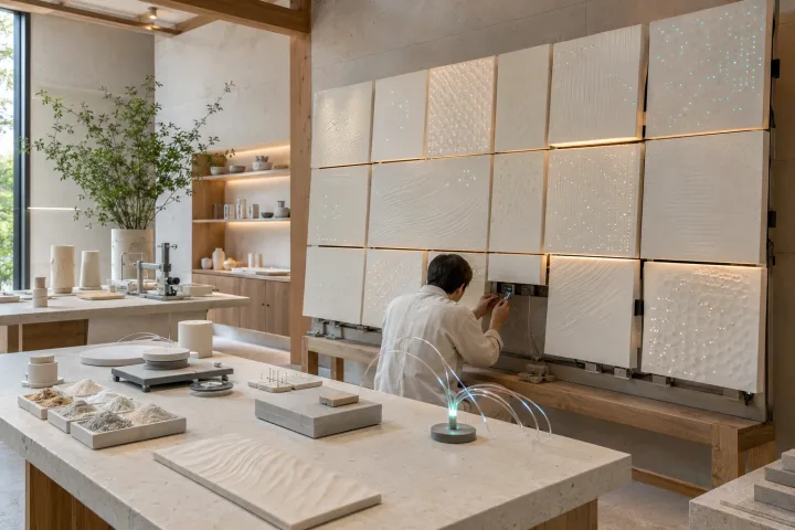 Landscape view of a calm material research studio with responsive illuminated ceramic panels, compact environmental sensors, pale stone tables, and an anonymous technician adjusting a sensor.