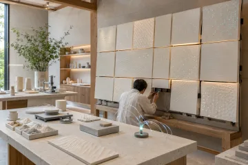 Landscape view of a calm material research studio with responsive illuminated ceramic panels, compact environmental sensors, pale stone tables, and an anonymous technician adjusting a sensor.