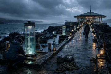 Cinematic blue-hour coastal research harbor with glowing glass tide gauges, wet stone pier, misty sea, and two anonymous technicians.