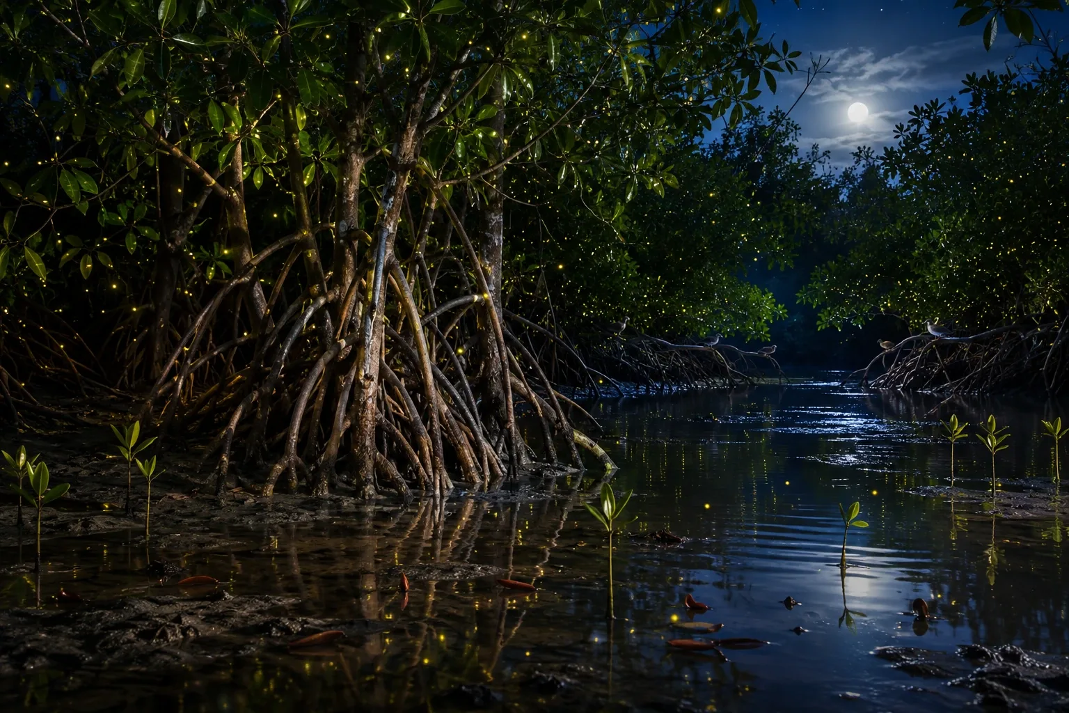 A moonlit tropical mangrove wetland with glowing fireflies above reflective tidal water and arching roots.