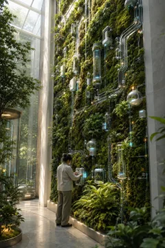 Portrait view of an environmental technician inspecting sensors on a tall living moss wall with transparent circuits and soft cyan lights inside a modern research observatory.